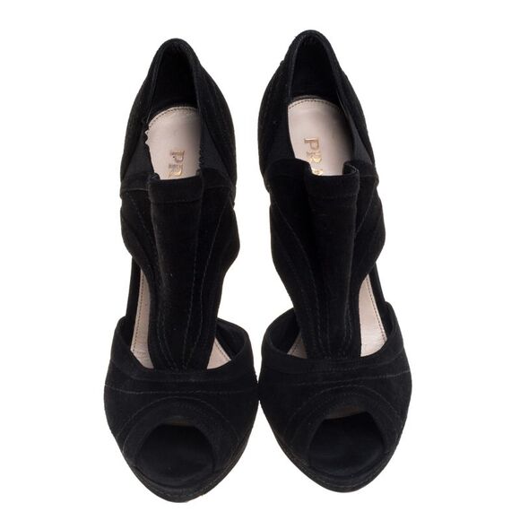 Prada Black Suede Cutout Peep Toe Booties Size 37.5 - Picture 3 of 4